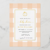 Pumpkin Peach Gingham Baby shower Folie Uitnodigin Uitnodiging (Voorkant)