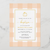 Pumpkin Peach Gingham Baptism Gold Foil Invitation Folie Uitnodiging (Voorkant)