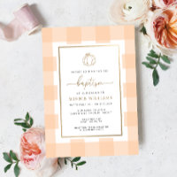 Pumpkin Peach Gingham Baptism Gold Foil Invitation