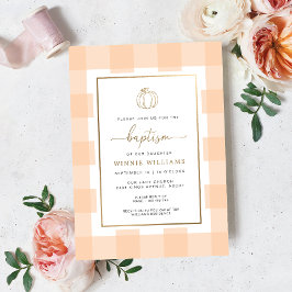 Pumpkin Peach Gingham Baptism Gold Foil Invitation Folie Uitnodiging