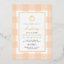 Pumpkin Peach Gingham Christening Folie uitnodigin