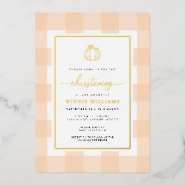 Pumpkin Peach Gingham Christening Folie uitnodigin Folie Uitnodiging