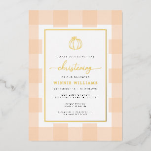 Pumpkin Peach Gingham Christening Folie uitnodigin Folie Uitnodiging