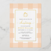 Pumpkin Peach Gingham Christening Folie uitnodigin Folie Uitnodiging (Voorkant)