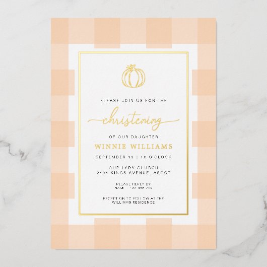 Pumpkin Peach Gingham Christening Folie uitnodigin Uitnodiging (Voorkant)