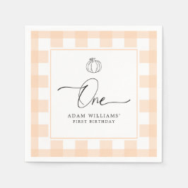 Pumpkin Peach Gingham First Birthday Paper Napkin Servet