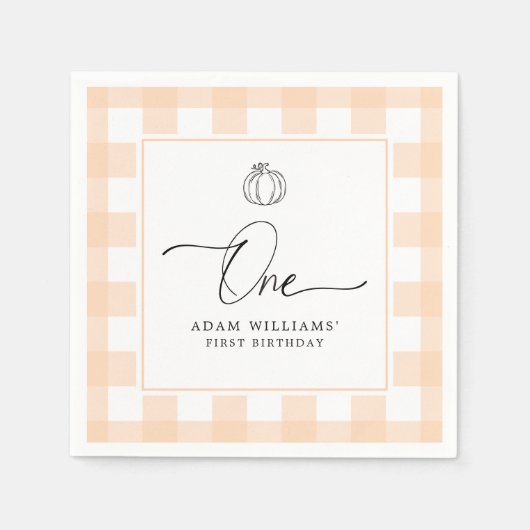 Pumpkin Peach Gingham First Birthday Paper Napkin Servet (Voorkant)