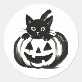 Pumpkin Peek – Black Cat Halloween Design on Ronde Sticker (Voorkant)