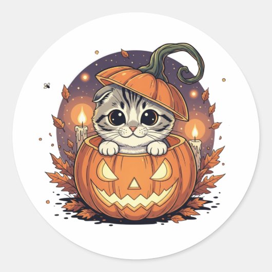 Pumpkin Peek Fold – Schattigee Schotse Vouw Hallow Ronde Sticker (Voorkant)