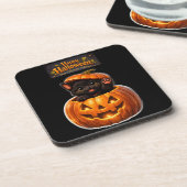 Pumpkin peeking kitty whimsical happy Halloween Bier Onderzetter (Linkerzijde)