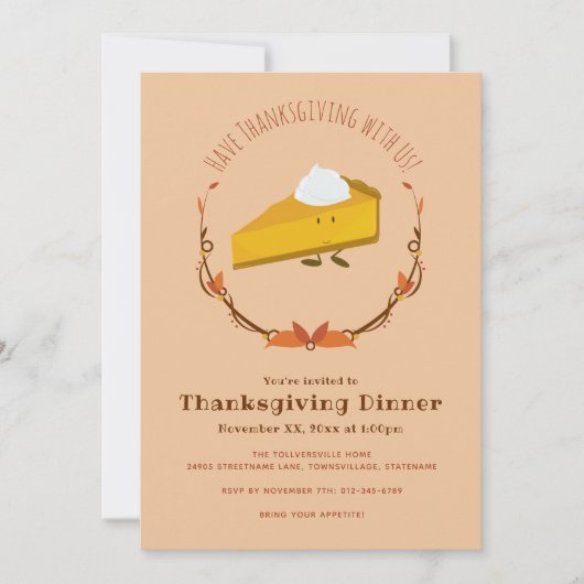 Pumpkin Pie Character Thanksgiving Invitation Kaart (Voorkant)