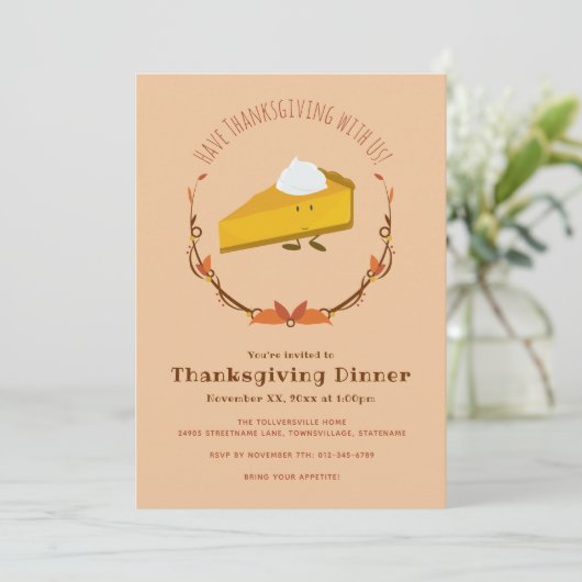 Pumpkin Pie Character Thanksgiving Invitation Kaart (Staand voorkant)