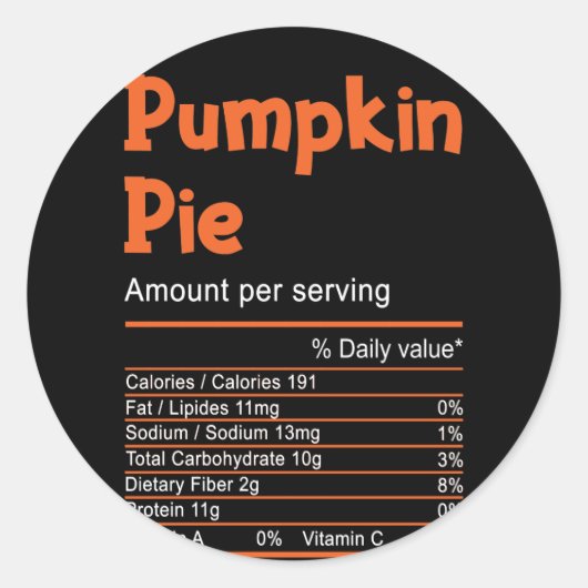 Pumpkin Pie Nutrition Thanksgiving Christmas Ronde Sticker (Voorkant)