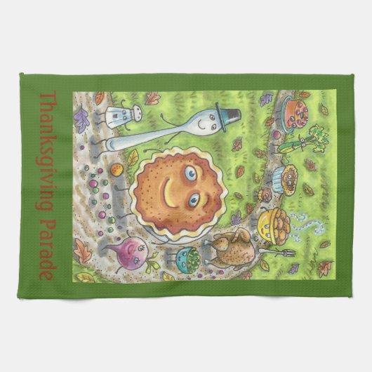 PUMPKIN PIE PARADE, FUN THANKSGIVING KITCHEN TOWEL THEEDOEK (Horizontaal)