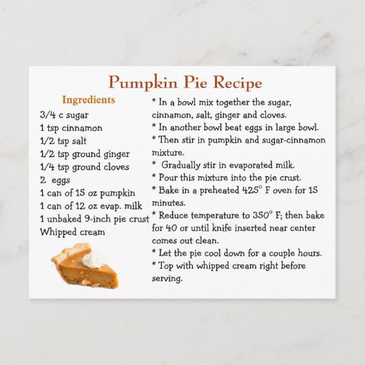 Pumpkin Pie Recipe Card Briefkaart (Voorkant)