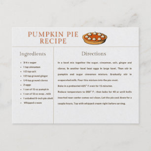 Pumpkin Pie Recipe Kaart Thanksgiving en Kerstmis