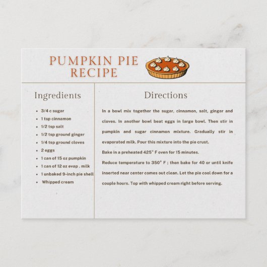 Pumpkin Pie Recipe Kaart Thanksgiving en Kerstmis (Voorkant)
