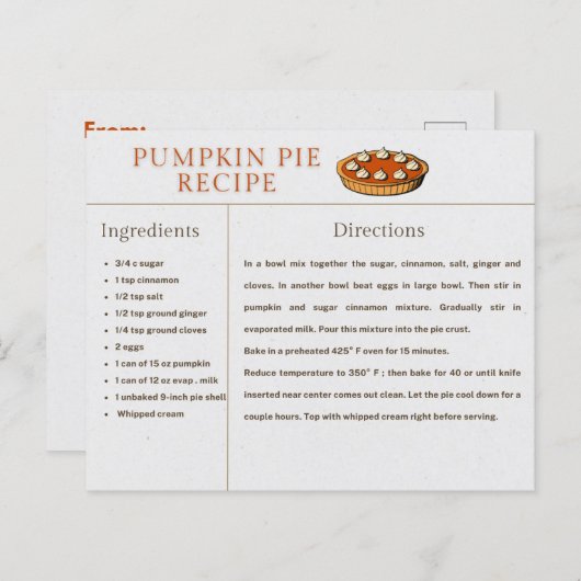 Pumpkin Pie Recipe Kaart Thanksgiving en Kerstmis (Voorkant / Achterkant)