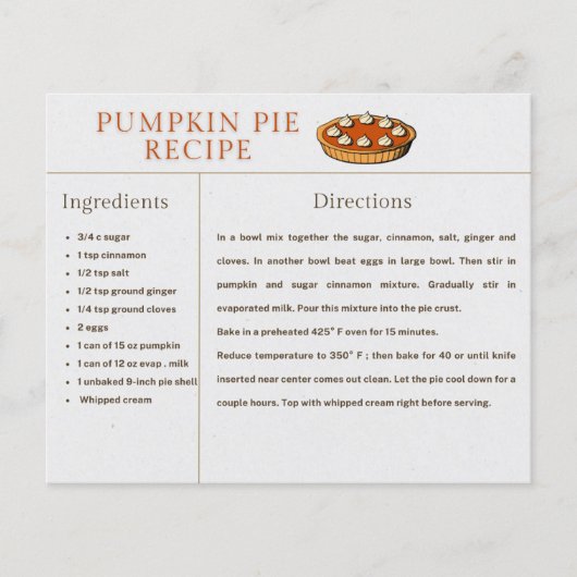 Pumpkin Pie Recipe Kaart Thanksgiving en Kerstmis (Voorkant)