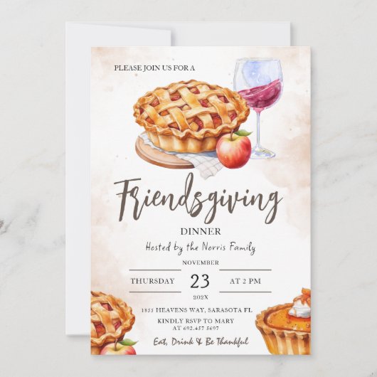 Pumpkin Pie Waterverf Friendsgiving Diner Kaart (Voorkant)