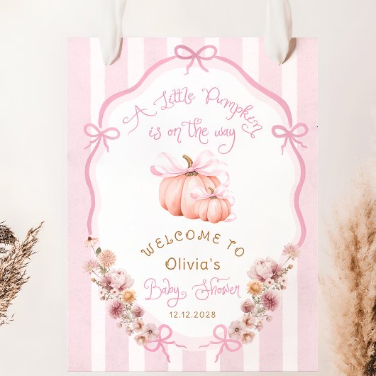 Pumpkin Pink Bow Fall Floral Baby Shower Welcome Poster