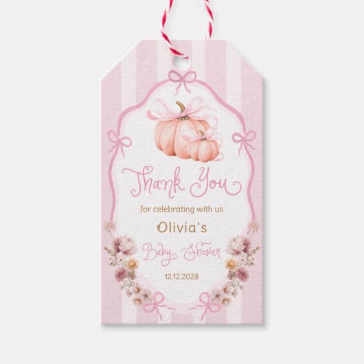 Pumpkin Pink Bow Floral Baby Shower Thank You Cadeaulabel (Voorkant)
