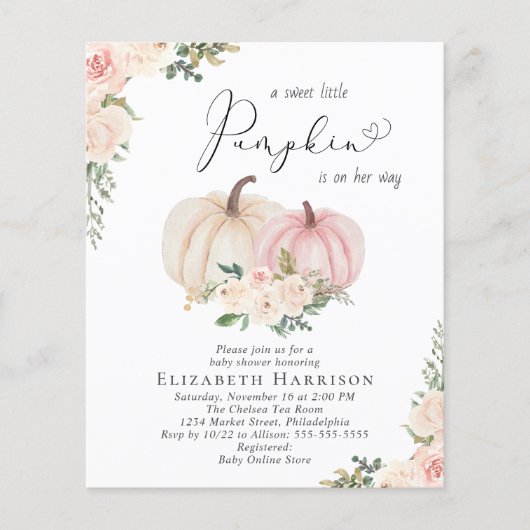 Pumpkin Pink Floral Baby Meisje Douche uitnodiging (Voorkant)