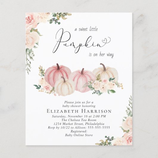 Pumpkin Pink Floral Baby Meisje Douche uitnodiging (Voorkant)