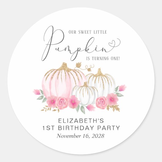 Pumpkin Pink Floral Girl 1e verjaardag Ronde Sticker (Voorkant)