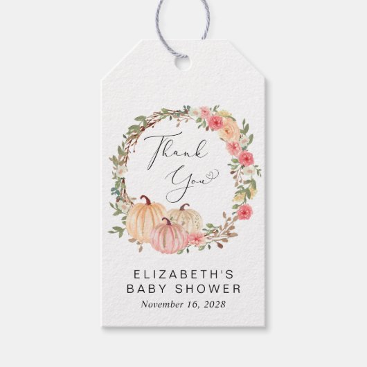 Pumpkin Pink Floral Girl Baby shower Dank u Cadeaulabel (Voorkant)
