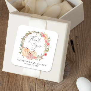 Pumpkin Pink Floral Girl Baby shower Dank u Vierkante Sticker