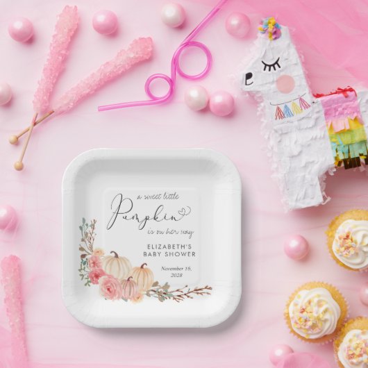 Pumpkin Pink Floral Girl Baby shower Papieren Bordje (Feest)