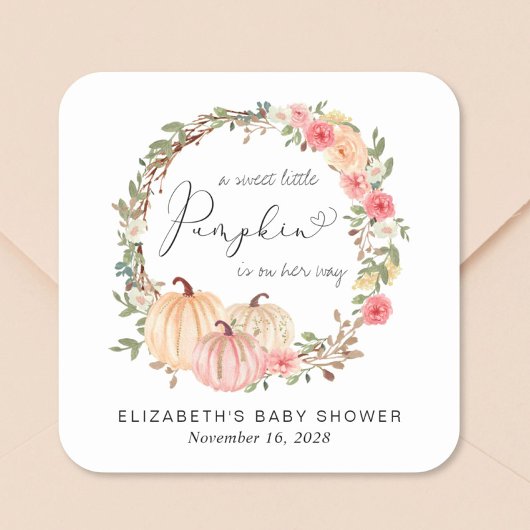 Pumpkin Pink Floral Girl Baby shower Vierkante Sticker