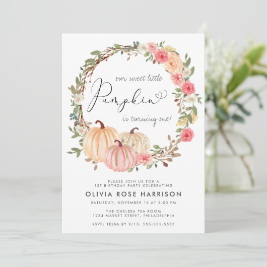 Pumpkin Pink Floral Waterverf 1e verjaardag Kaart (Staand voorkant)