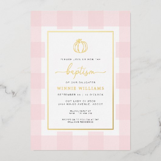 Pumpkin Pink Gingham Baptism Gold Foil Uitnodiging (Voorkant)