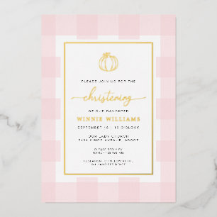 Pumpkin Pink Gingham Christening Folie Uitnodiging