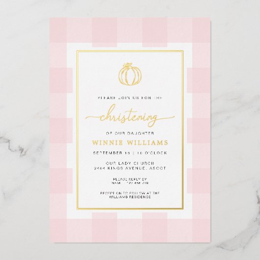 Pumpkin Pink Gingham Christening Folie Uitnodiging (Voorkant)