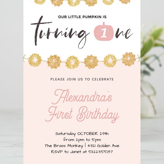 Pumpkin Pink Gold Floral Halloween 1 jarig Kaart