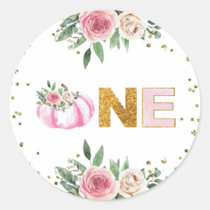 Pumpkin Pink Gold Floral Herfst Meisje Eerste Verj Ronde Sticker