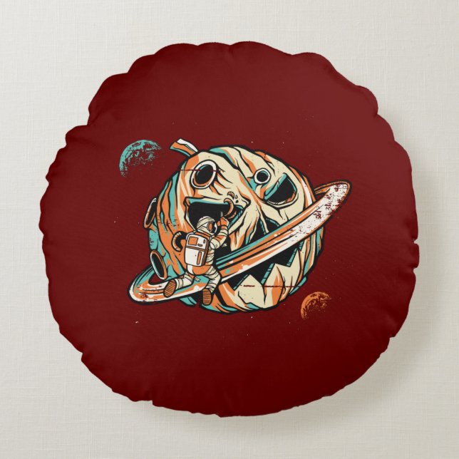 Pumpkin Planet Halloween Space Rond Kussen (Voorkant)