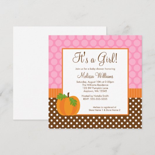 Pumpkin Polka Dot Herfst Girl Baby shower Invitati Kaart (Voorkant / Achterkant)