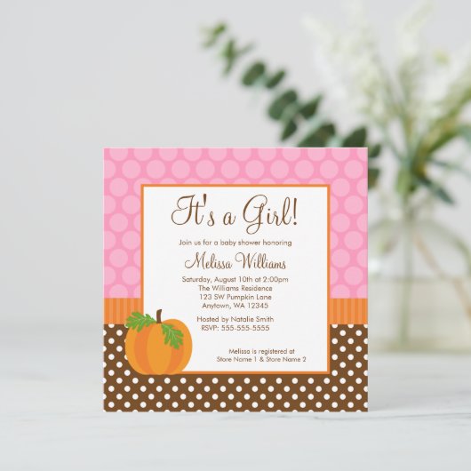 Pumpkin Polka Dot Herfst Girl Baby shower Invitati Kaart (Staand voorkant)