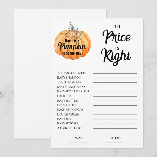 Pumpkin Prijs is Juiste Baby shower Game Kaart (Voorkant / Achterkant)