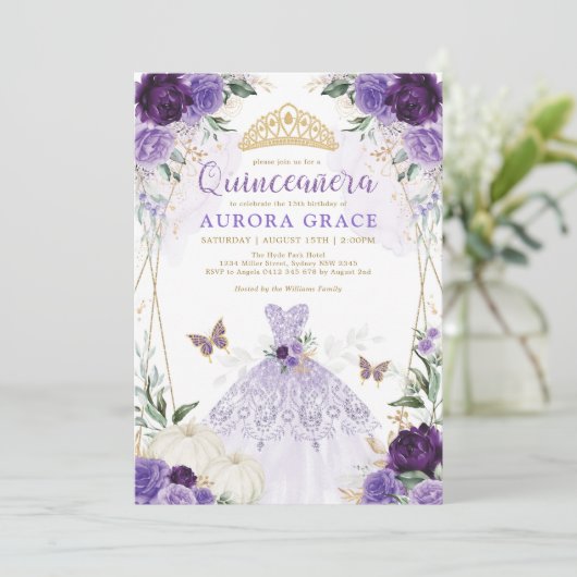 Pumpkin Quinceañera Princess Dress Paarse Floral Kaart (Staand voorkant)