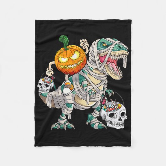 Pumpkin Riding Mummy Dinosaur T Rex Halloween Fun Fleece Deken (Voorkant)