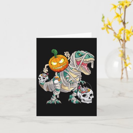 Pumpkin Riding Mummy Dinosaur T Rex Halloween Fun Kaart (Gele Bloem)