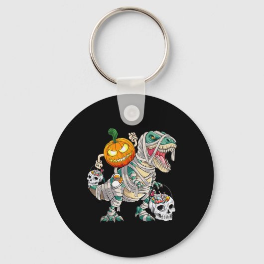 Pumpkin Riding Mummy Dinosaur T Rex Halloween Fun Sleutelhanger (Voorkant)