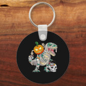 Pumpkin Riding Mummy Dinosaur T Rex Halloween Fun Sleutelhanger (Voorkant)