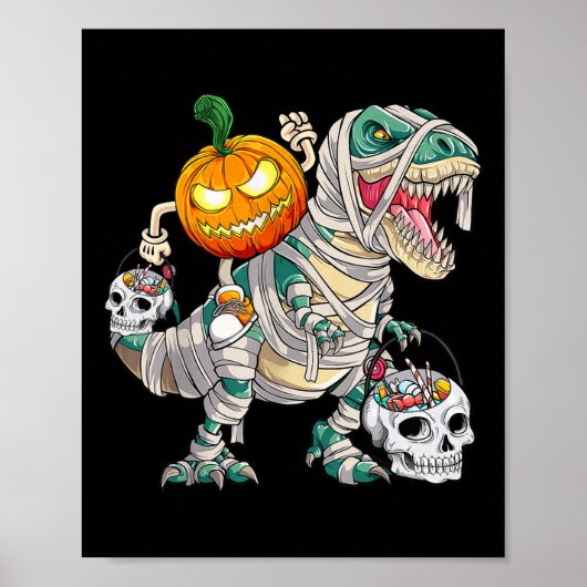 Pumpkin Riding Mummy Dinosaurus Trex Halloween Fun Poster (Voorkant)