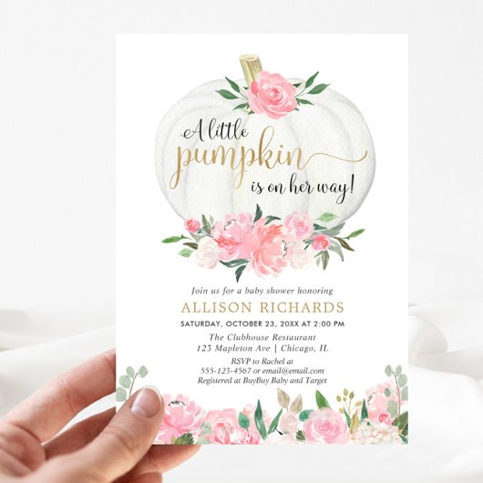 Pumpkin roze herfst baby shower kaart